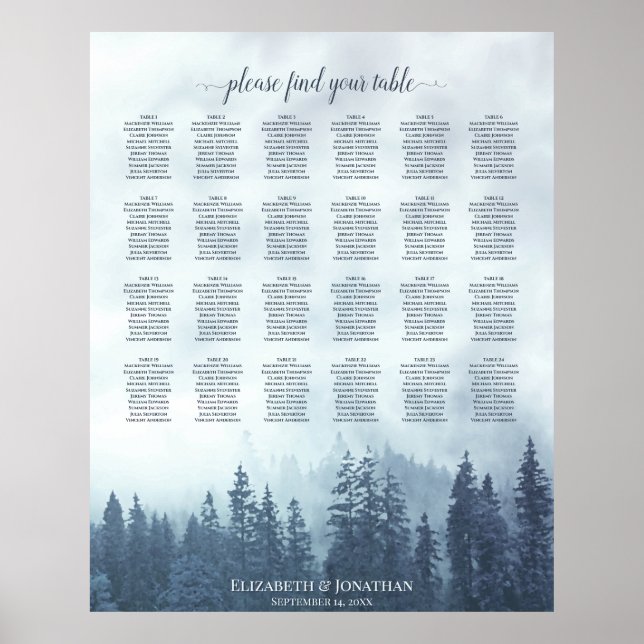Affiche Rustic Blue Pines 24 Table Wedding Seating Chart (Devant)