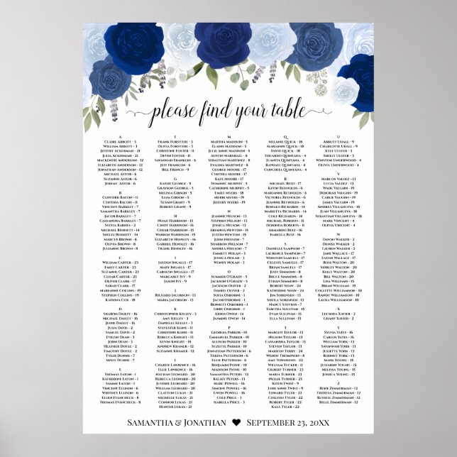 Affiche Rustic Blue Roses Wedding Seating Chart A1 Size (Devant)