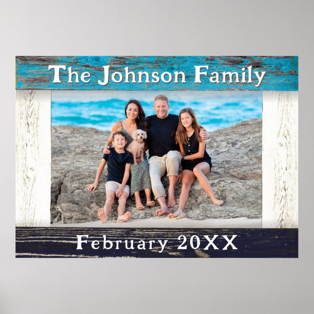 Affiche Rustic Blue Wood Frame Family Name Photo (Devant)