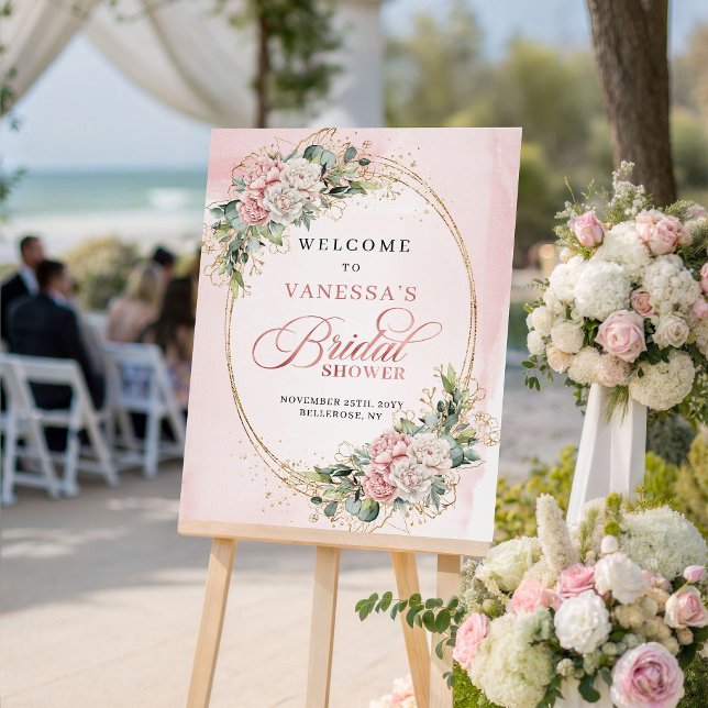 Affiche Rustic Blush Pink Flowers Eucalyptus Gold Welcome (Rustic Blush Pink Flowers Eucalyptus Gold Welcome)
