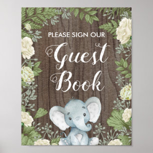 Affiche Rustic Botanical Elephant Guest Book Shower Sign