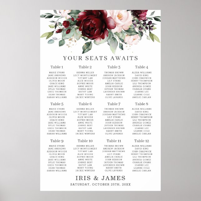 Affiche Rustic Burgundy Blush Floral Wedding Seating Chart (Devant)