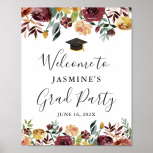 Affiche Rustic Burgundy Floral Graduation Welcome Sign