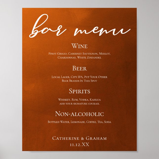 Affiche Rustic Burnt Orange Simple Autumn Mariage Bar Menu (Devant)