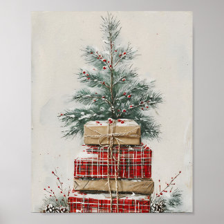 Affiche Rustic Christmas Tree & Plaid Gift Stack