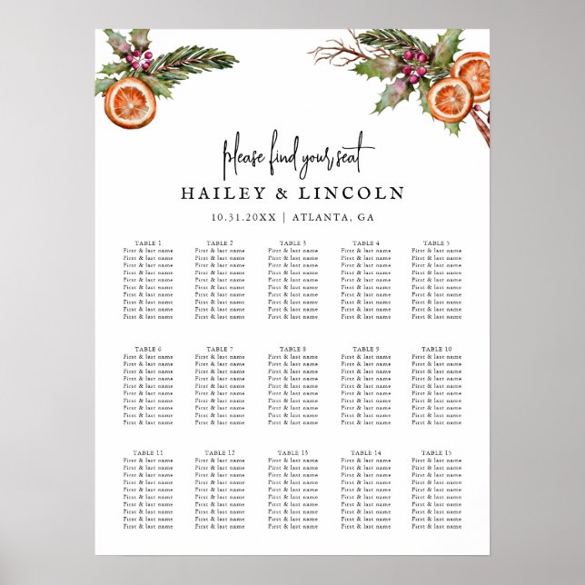 Affiche Rustic Christmas Wreath Wedding Seating Chart (Devant)