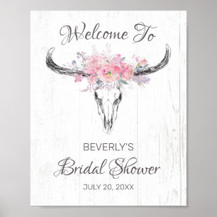 Affiche Rustic Cow Skull Boho Floral Bridal Shower Welcome