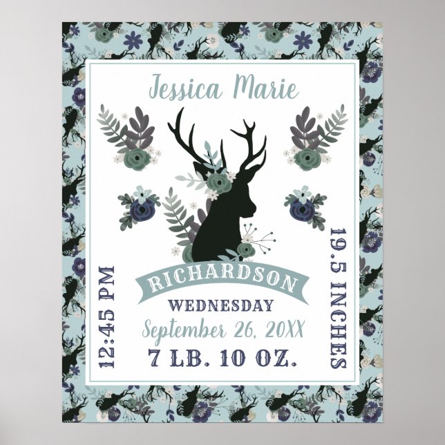Affiche Rustic Deer Head Blue Baby Girl Birth Record Stati (Devant)