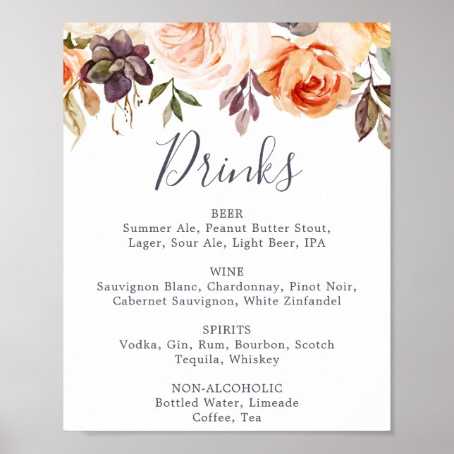 Affiche Rustic Earth Florals Mariage Boissons Menu Signer (Devant)