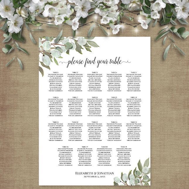 Affiche Rustic Eucalyptus 19 Table Wedding Seating Chart (In Situ on Wall with Flowers)