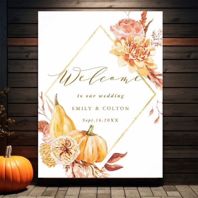 Affiche Rustic Fall Gold Floral Citrouille Mariage Bienven (Créateur téléchargé)