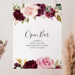 Affiche Rustic Floral Botanical Wedding Open Bar Sign