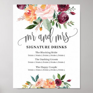 Affiche Rustic floral mr and mrs signature drinks sign