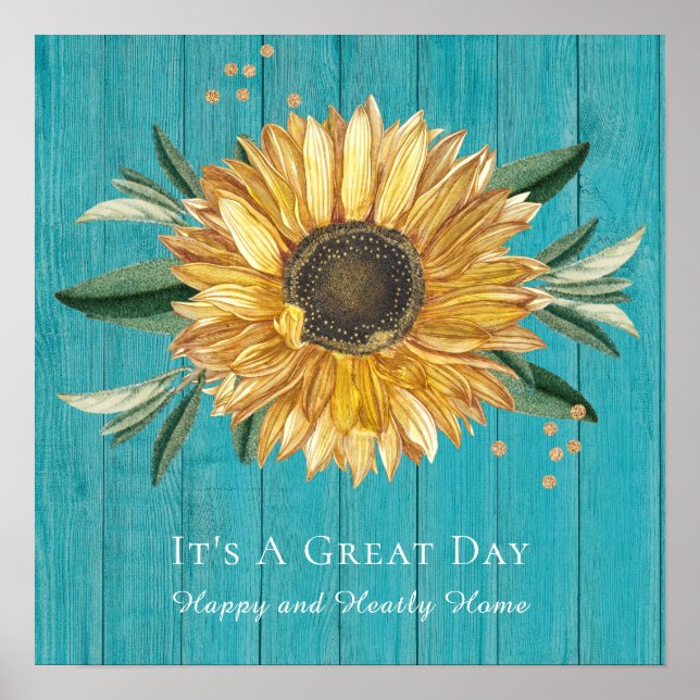 Affiche Rustic Golden Sunflower Teal Blue Barn Wood  (Devant)