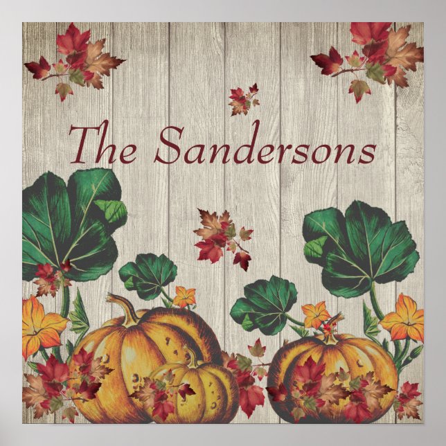 Affiche Rustic Gray Wood Autumn Orange Pumpkins Fall Leave (Devant)