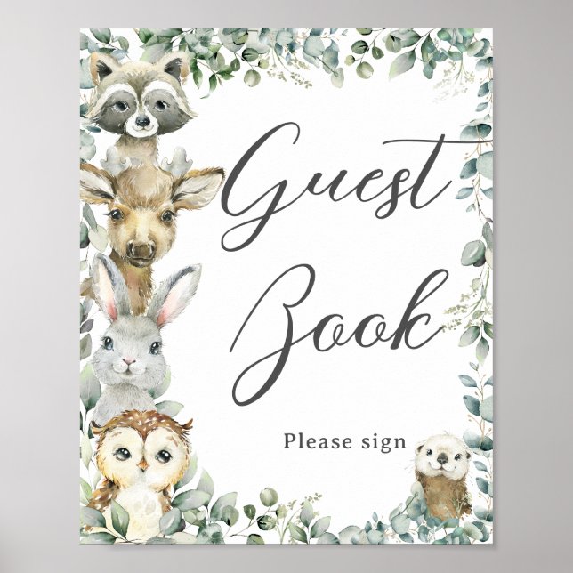 Affiche Rustic Greenery Bois Animaux Baby Guest Book (Devant)