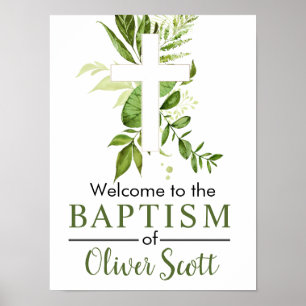 Affiche Rustic Greenery Cross Boy Baptism Bienvenue