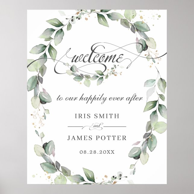 Affiche Rustic Greenery Foliage Gold Wedding Welcome Sign (Devant)