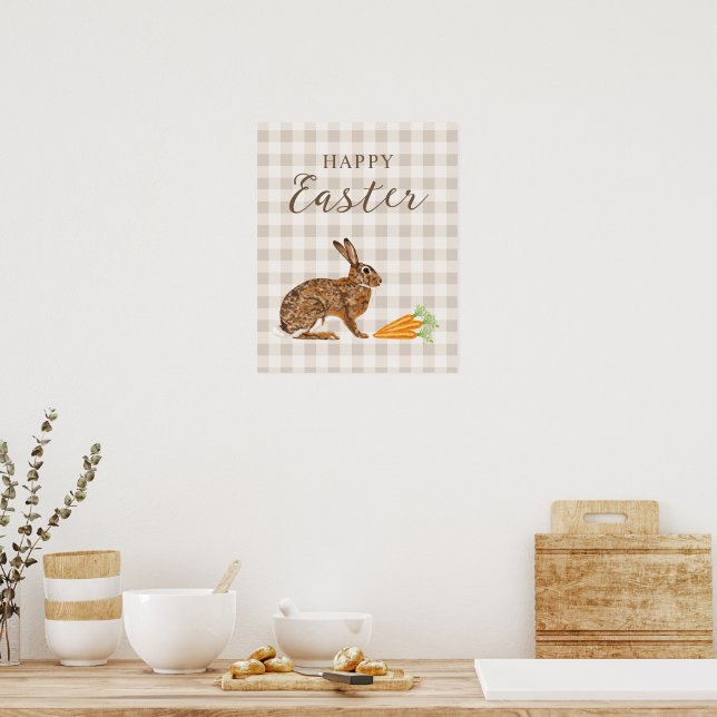Affiche Rustic Hare And Carrots Happy Easter Beige Gingham (Cuisine)