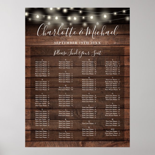 Affiche Rustic Lights Alphabetical Wedding Seating Chart (Devant)