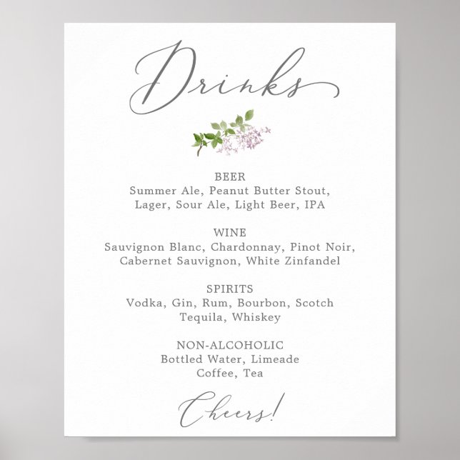 Affiche Rustic Lilac Mariage Boire Menu Signer (Devant)