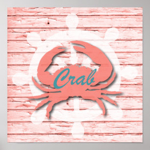 Affiche Rustic Nautical Crab On Peeling Wood   Print