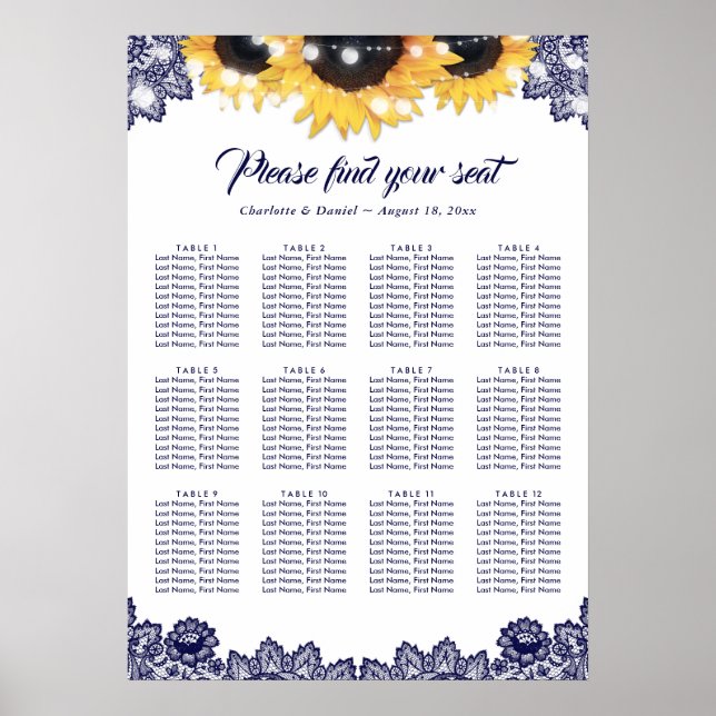 Affiche Rustic Navy Blue Lace Sunflower Seating Chart 12 (Devant)