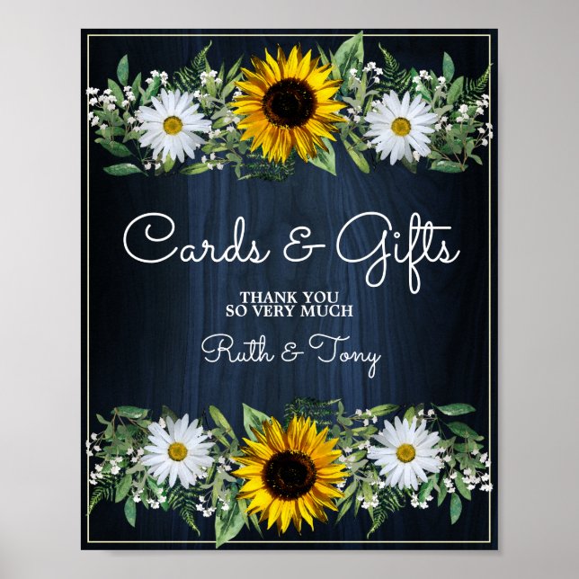 Affiche Rustic Navy Blue Sunflower Cartes de mariage et ca (Devant)