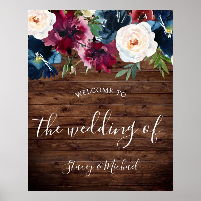 Affiche Rustic Navy & Burgundy Floral Welcome Mariage (Devant)