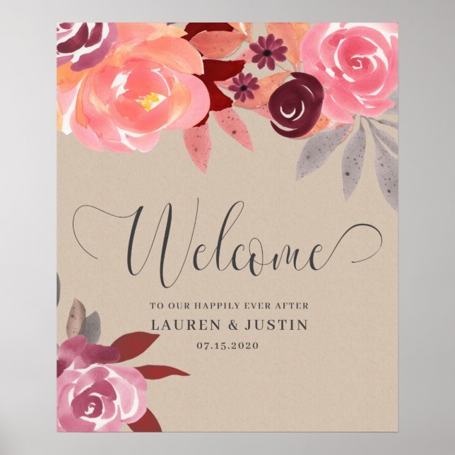 Affiche Rustic Peonies Elegant Script Mariage Bienvenue (Devant)