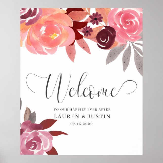 Affiche Rustic Peonies Elegant Script Mariage Bienvenue (Devant)