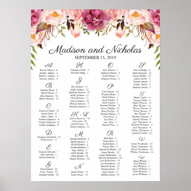 Affiche Rustic Pink Floral Alphabetical Seating Chart (Devant)