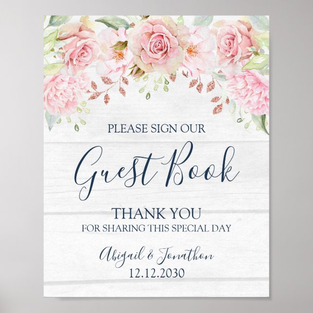 Affiche Rustic Pink Floral Spring Wedding Guest Book Sign (Devant)