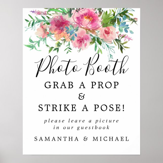 Affiche Rustic Pink Floral Wedding Photo Booth Sign (Devant)