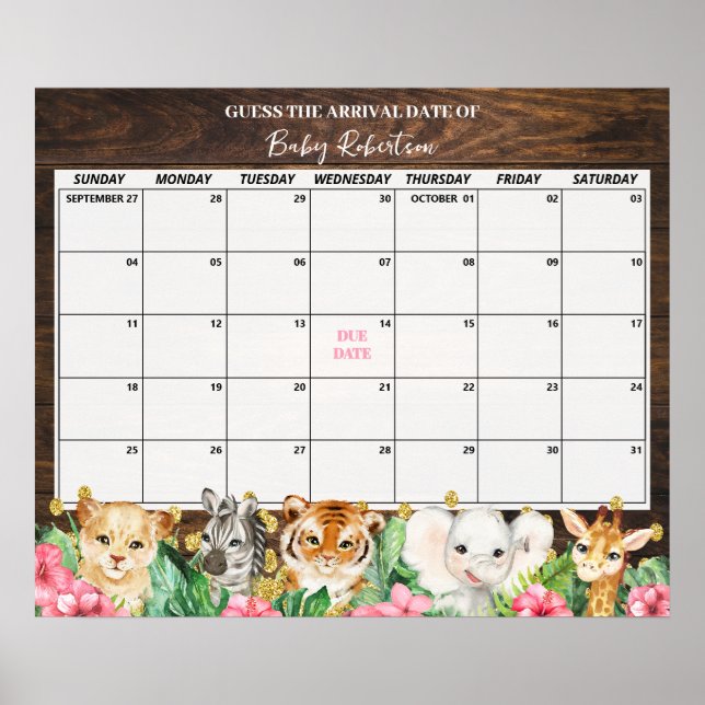 Affiche Rustic Pink Safari Baby Guess Due Date Calendar (Devant)
