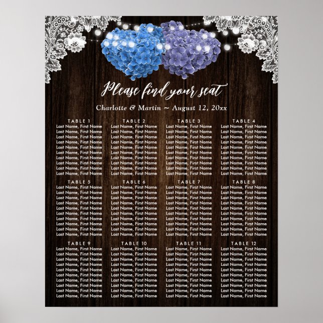 Affiche Rustic Purple Blue Floral Wedding Seating Chart 12 (Devant)