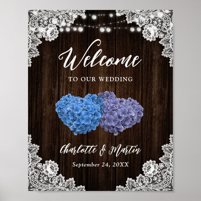 Affiche Rustic Purple Blue Wood Wedding Welcome Sign (Devant)