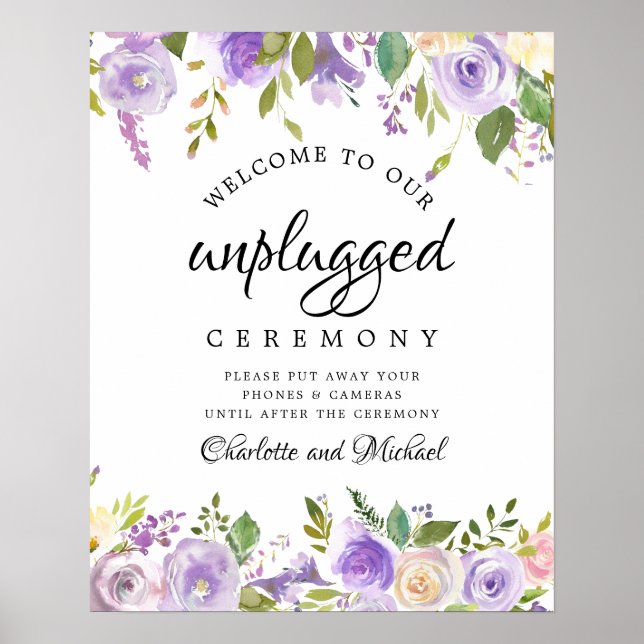 Affiche Rustic Purple Floral Unplugged Wedding Sign (Devant)
