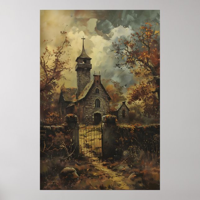 Affiche Rustic Stone Gothic Church Art, Vintage Autumn (Devant)