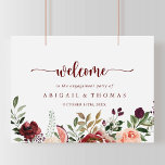 Affiche Rustic Summer Floral Engagement Party Bienvenue<br><div class="desc">Cette affiche de bienvenue à la fête d'été fleurie rustique est parfaite pour une fête fiançailles moderne. Le design est composé de fleurs d'aquarelle bordeaux, roses et rousses avec des feuilles verts dans un arrière - plan verni brun. Faites de cette affiche votre propre en ajoutant le nom de la...</div>