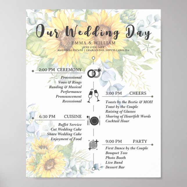 Affiche Rustic Sunflower Floral Timeline Programme de mari (Devant)