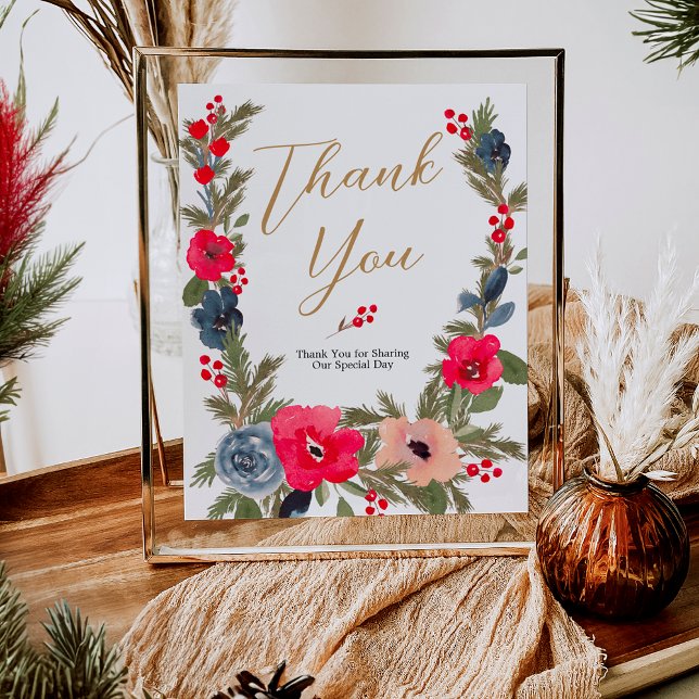 Affiche Rustic Winter Floral Aquarelle Mariage merci (Rustic Winter Floral Watercolor Wedding thank you Poster)