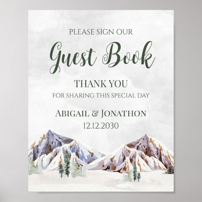 Affiche Rustic Winter Mountain Wedding Guest Book Sign (Devant)