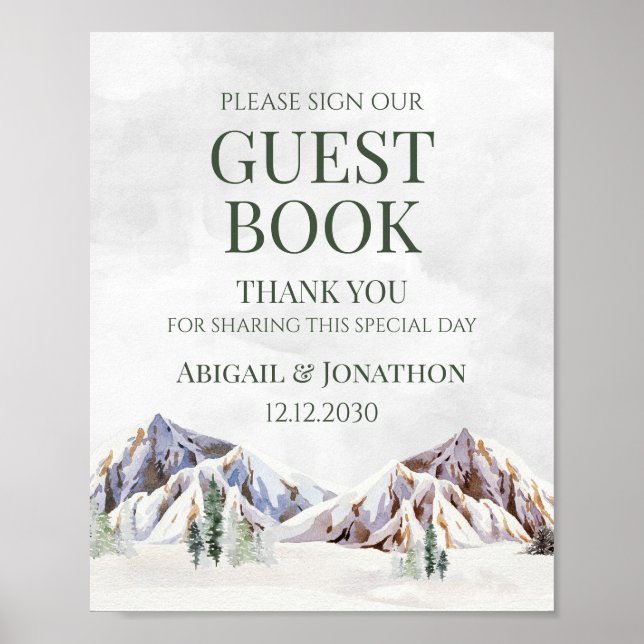 Affiche Rustic Winter Mountain Wedding Guest Book Sign (Devant)