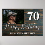 Affiche Rustic Wood 70th Birthday Party Photo<br><div class="desc">Poster photo Rustic Wood 70th Birthday Party. Soirée de 70e anniversaire avec une photo personnalisée et un texte en script blanc tendance avec un nom. L'arrière - plan est de texture bois foncé. Personnalisez le panneau avec votre photo,  votre nom et votre numéro d'âge.</div>