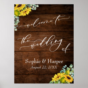 Affiche Rustic Wood and Sunflower Floral Wedding Sign