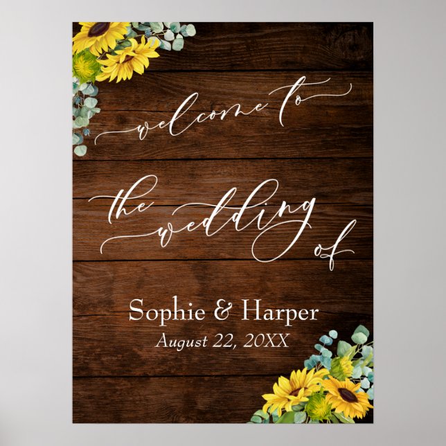 Affiche Rustic Wood and Sunflower Floral Wedding Sign (Devant)