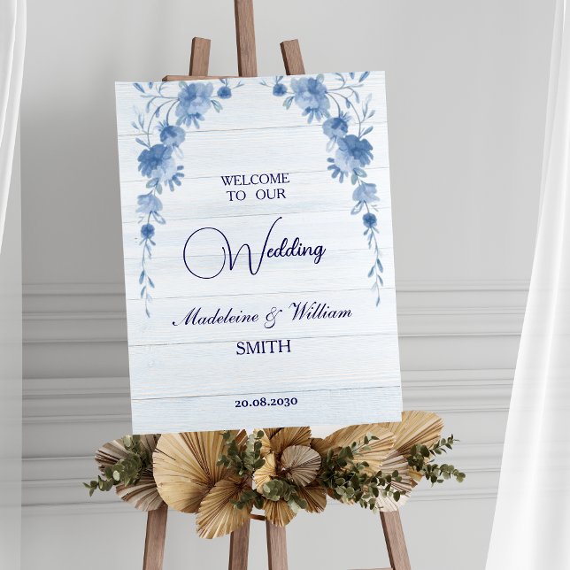 Affiche Rustic Wood Blue Floral Wedding Welcome Sign (Créateur téléchargé)