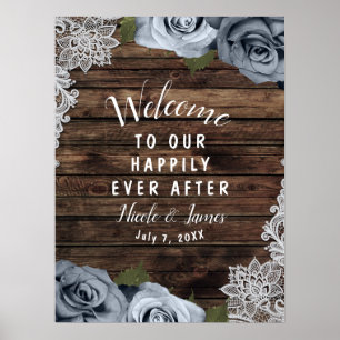 Affiche Rustic Wood Dusty Blue Roses Photo Wedding Welcome