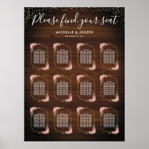Affiche Rustic Wood Gold Pink Floral Wedding Seating Chart